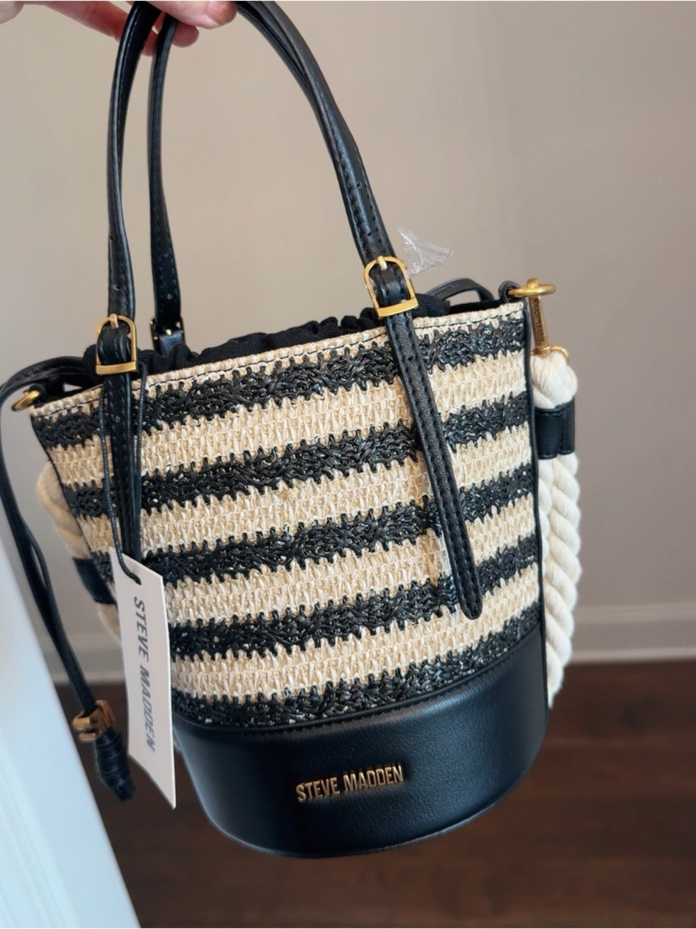 NWT Steve Madden Striped Straw Bucket Bag